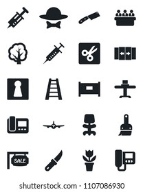 Set of vector isolated black icon - fence vector, automatic door, female, plane, office chair, meeting, flower in pot, ladder, tree, garden knife, syringe, themes, cut, sale, restaurant table