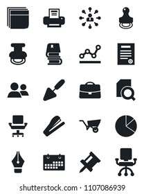 Set of vector isolated black icon - hierarchy vector, trowel, wheelbarrow, group, calendar, case, drawing pin, pie graph, document search, ink pen, office chair, blank box, point, printer, contract