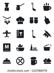 Set of vector isolated black icon - coffee vector, cook, alcohol, restaurant table, cafe, hat, wine card, menu, reception, beer, salad, salt and pepper, ladle, rolling pin, cutting board, turkish