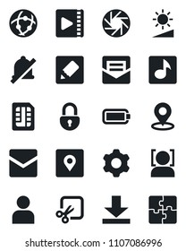 Set of vector isolated black icon - mobile camera vector, settings, user, mail, sim, network, notes, download, mute, brightness, cut, place tag, lock, face id, music, video, battery, application