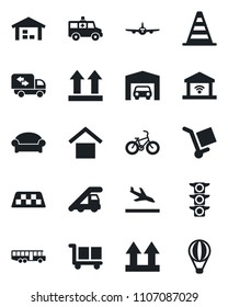 Set of vector isolated black icon - taxi vector, arrival, airport bus, waiting area, ladder car, border cone, plane, ambulance, bike, traffic light, cargo, warehouse storage, up side sign, garage