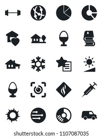 Set of vector isolated black icon - circle chart vector, sun, syringe, barbell, network, favorites list, brightness, eye id, pie graph, book, house with garage, tree, sweet home, egg stand, car