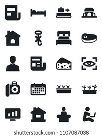 Set of vector isolated black icon - baggage conveyor vector, reception, bed, statistic monitor, house, seedling, term, no hook, camera, user, news, bedroom, cafe building, steak, cheese, eye scan
