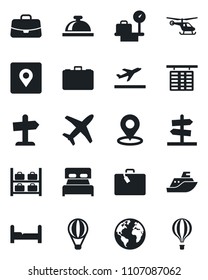 Set of vector isolated black icon - departure vector, suitcase, reception bell, helicopter, flight table, luggage storage, scales, case, earth, plane, sea shipping, place tag, bedroom, guidepost