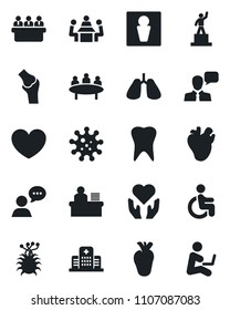 Set of vector isolated black icon - male vector, pedestal, meeting, heart, disabled, hand, lungs, real, tooth, joint, hospital, virus, speaker, manager desk, man with notebook