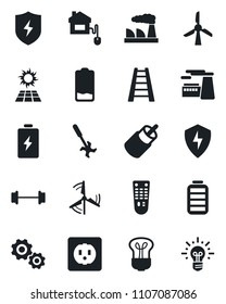 Set of vector isolated black icon - factory vector, ladder, ripper, barbell, remote control, battery, low, rca, protect, windmill, home, socket, bulb, sun panel, gear, idea