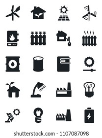 Set of vector isolated black icon - bulb vector, oil barrel, brightness, desk lamp, windmill, heater, factory, home control, eco house, water, radiator, sun panel, battery