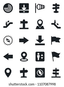 Set of vector isolated black icon - elevator vector, escalator, right arrow, left, wind, radar, signpost, pin, download, place tag, compass, flag, guidepost