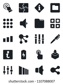 Set of vector isolated black icon - package vector, sorting, settings, touch screen, menu, folder, charge, application, pen, sound, information, social media