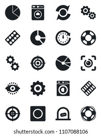 Set of vector isolated black icon - ticket office vector, washer, gear, circle chart, pills blister, record, eye id, update, pie graph, target, clock, crisis management