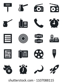 Set of vector isolated black icon - alarm clock vector, abacus, sickle, plant label, reel, vinyl, flame disk, radio, phone, call, office, open close, turkish coffee, rocket