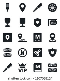 Set of vector isolated black icon - no mobile vector, vip, pen, stamp, plant label, heart shield, navigation, pin, fragile, cut, place tag, sale, menu, open close