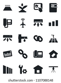 Set of vector isolated black icon - plane radar vector, drip irrigation, sorting, barcode, chain, root setup, air conditioner, smart home, water heater, intercome, control app, warm floor, sprinkler