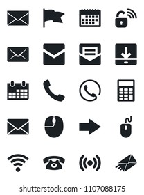 Set of vector isolated black icon - right arrow vector, mail, mouse, calendar, call, download, wireless, calculator, phone, lock, flag