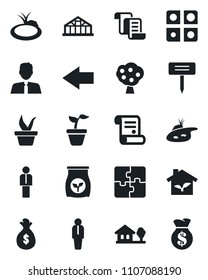 Set of vector isolated black icon - left arrow vector, manager, contract, seedling, plant label, greenhouse, pond, fertilizer, application, house with tree, fruit, estate agent, eco, money bag