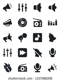 Set of vector isolated black icon - vinyl vector, flame disk, microphone, radio, speaker, loudspeaker, settings, equalizer, fast forward, tuning, bell, mute, music, sound, advertising