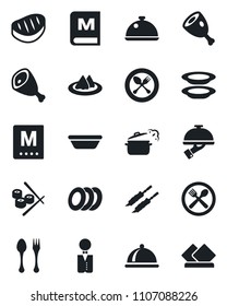 Set of vector isolated black icon - spoon and fork vector, waiter, dish, serviette, cafe, menu, plates, steak, kebab, ham, bowl, steaming pan, sushi