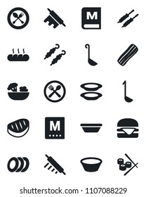 Set of vector isolated black icon - spoon and fork vector, cafe, menu, salad, plates, bacon, bread, steak, kebab, hamburger, ladle, bowl, rolling pin, sushi