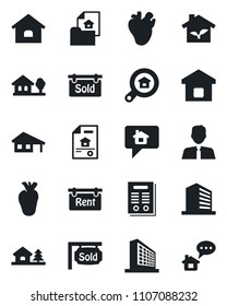 Set of vector isolated black icon - office building vector, real heart, contract, house, with garage, tree, estate document, rent, sold signboard, search, agent, smart home, eco, message