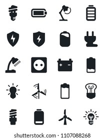 Set of vector isolated black icon - battery vector, low, protect, desk lamp, windmill, socket, power plug, bulb, energy saving, idea