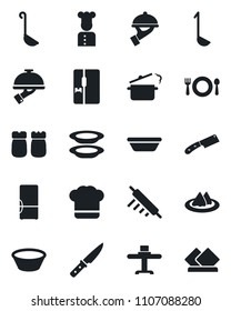 Set of vector isolated black icon - fridge vector, cook, restaurant table, serviette, cafe, hat, plates, waiter, salt and pepper, ladle, bowl, rolling pin, knife, steaming pan