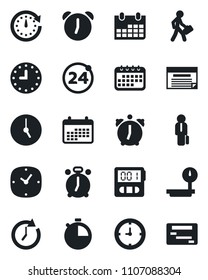 Set of vector isolated black icon - 24 around vector, alarm clock, calendar, heavy scales, stopwatch, manager, schedule