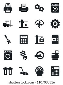 Set of vector isolated black icon - coffee machine vector, washer, fork loader, gear, ripper, lawn mower, tomography, printer, copier, crane, water filter, combination lock
