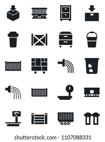 Set of vector isolated black icon - trash bin vector, bucket, watering, railroad, truck trailer, cargo container, consolidated, package, heavy scales, archive box, water filter