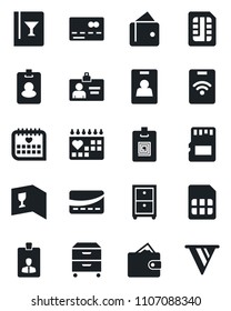 Set of vector isolated black icon - credit card vector, identity, medical calendar, sd, sim, archive box, wine, pass, wallet, pennon