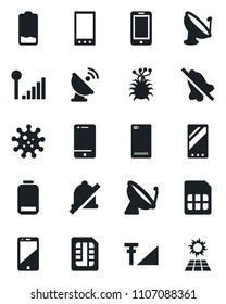 Set of vector isolated black icon - satellite antenna vector, mobile phone, virus, cell, low battery, back, sim, mute, cellular signal, sun panel