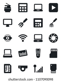 Set of vector isolated black icon - garden fork vector, barcode, remote control, monitor, laptop pc, play button, mobile camera, calculator, sd, sim, wireless, eye id, cellular signal, notebook, web