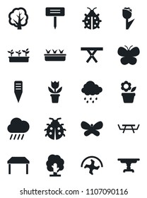 Set of vector isolated black icon - flower in pot vector, ripper, tree, butterfly, lady bug, seedling, rain, plant label, picnic table, tulip