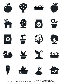 Set of vector isolated black icon - flower in pot vector, seedling, tree, sproute, plant label, fertilizer, fruit, salad, apple, eco house