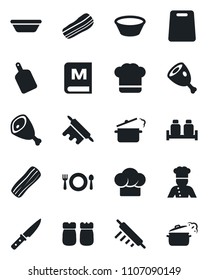 Set of vector isolated black icon - cook vector, cafe, hat, menu, bacon, salt and pepper, ham, bowl, rolling pin, cutting board, knife, steaming pan