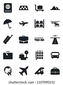 Set of vector isolated black icon - plane vector, runway, taxi, suitcase, baggage trolley, airport bus, umbrella, passport, ladder car, helicopter, seat map, luggage storage, scales, globe, case