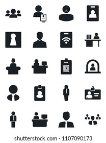 Set of vector isolated black icon - female vector, reception, manager, identity card, place, patient, user, desk, estate agent, pass, group