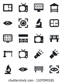 Set of vector isolated black icon - barrier vector, tv, bench, monitor pulse, microscope, eye, torch, plan, alcove, scan