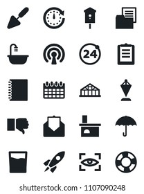 Set of vector isolated black icon - 24 around vector, pennant, calendar, trowel, fireplace, greenhouse, bird house, clipboard, folder document, umbrella, finger down, mail, copybook, bathroom, drink