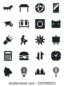 Set of vector isolated black icon - presentation board vector, wheelbarrow, caterpillar, blood test vial, virus, mobile, clock, bell, record, network, data exchange, torch, manager, table, hamburger