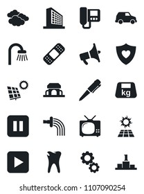 Set of vector isolated black icon - clouds vector, office building, pen, watering, patch, heart shield, caries, heavy, loudspeaker, play button, pause, sun panel, bathroom, tv, cafe, intercome, gear