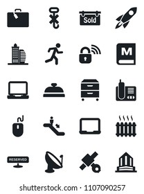 Set of vector isolated black icon - suitcase vector, escalator, mouse, notebook pc, run, satellite, no hook, antenna, laptop, radio phone, archive box, sold signboard, office building, heater, menu