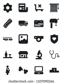 Set of vector isolated black icon - airport bus vector, stethoscope, microscope, heart shield, broken bone, pregnancy, store, car delivery, no trolley, laptop pc, gallery, settings, calendar, news