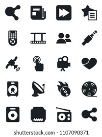 Set of vector isolated black icon - satellite antenna vector, film frame, reel, flame disk, radio, news, video camera, remote control, touch screen, share, speaker, group, favorites list, heart