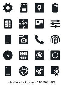 Set of vector isolated black icon - phone back vector, call, gallery, settings, tuning, clock, stopwatch, record, sd, sim, network, cut, place tag, compass, fingerprint id, photo, battery