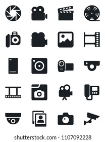 Set of vector isolated black icon - camera vector, clapboard, film frame, reel, video, phone back, mobile, gallery, photo, web, intercome, surveillance