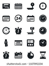 Set of vector isolated black icon - 24 around vector, alarm clock, calendar, heavy scales, stopwatch, manager, schedule, sand