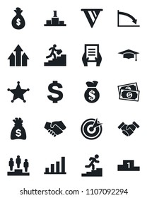 Set of vector isolated black icon - dollar sign vector, pedestal, graduate, money bag, document, cash, bar graph, handshake, career ladder, police, target, arrow up, pennon, crisis