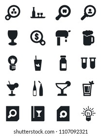 Set of vector isolated black icon - document search vector, bulb, blood test vial, ampoule, fragile, cargo, water supply, alcohol, wine card, cocktail, phyto bar, beer, consumer, money, idea