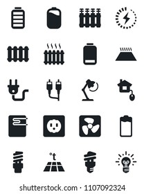 Set of vector isolated black icon - battery vector, low, rca, charge, desk lamp, heater, home control, socket, power plug, fan, water, radiator, warm floor, energy saving bulb, idea