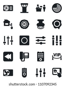 Set of vector isolated black icon - airport tower vector, passport control, radar, stamp, settings, rewind, tuning, record, air conditioner, vip zone, home, remote, intercome, app